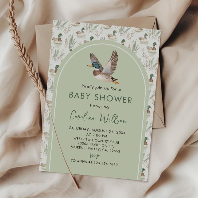 Sage Grönt Mallard Anka Baby Shower-inbjudan Inbjudningar (Skapare uppladdad)