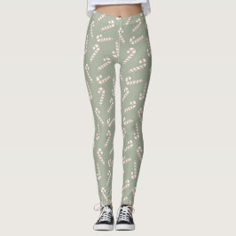 Sage Grönt med röda och vita Polkagrisar Leggings