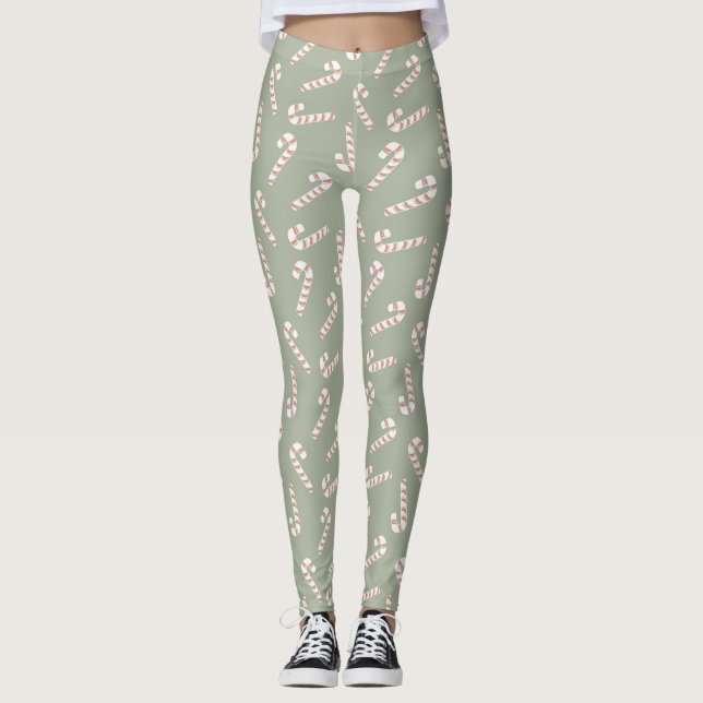 Sage Grönt med röda och vita Polkagrisar Leggings (Framsida)
