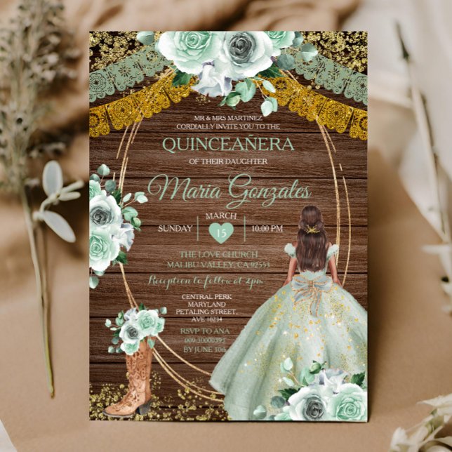 Sage Grönt Mexican Quinceañera Rustic Wood Inbjudningar (Skapare uppladdad)