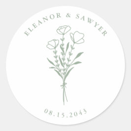 Sage Grönt Minimalist Blommigt Bouquet Bröllop Runt Klistermärke
