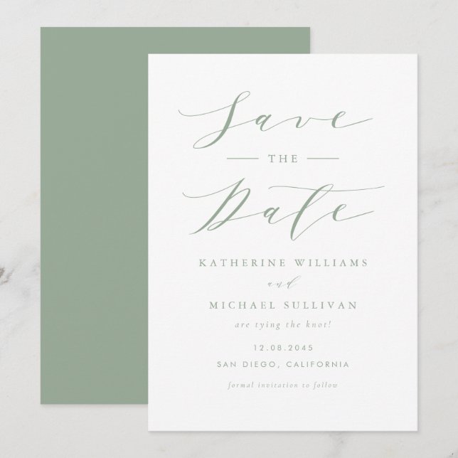 Sage Grönt Minimalist Dainty Script Bröllop Spara Datumet (Fram/baksida)