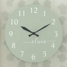 Sage Grönt Minimalist Modern Monogram-Elegant Stor Klocka