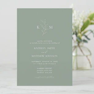 Sage Grönt minimalist Monogram Olive Löv Bröllop Inbjudningar