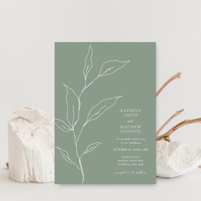 Sage Grönt minimalist Olive Löv Gren Bröllop Inbjudningar (Skapare uppladdad)