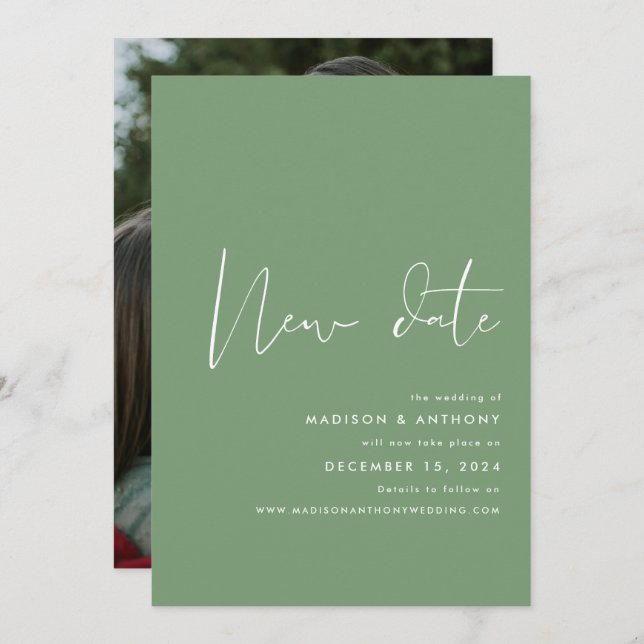 Sage Grönt - minimalistiskt fotonydatum Bröllop Meddelande (Fram/baksida)
