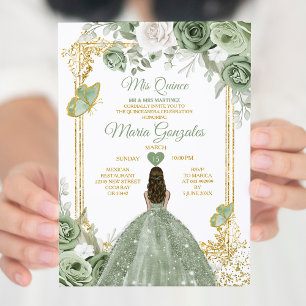Sage Grönt Mis Quince 15 Anos Guld Krona Butterfly Inbjudningar