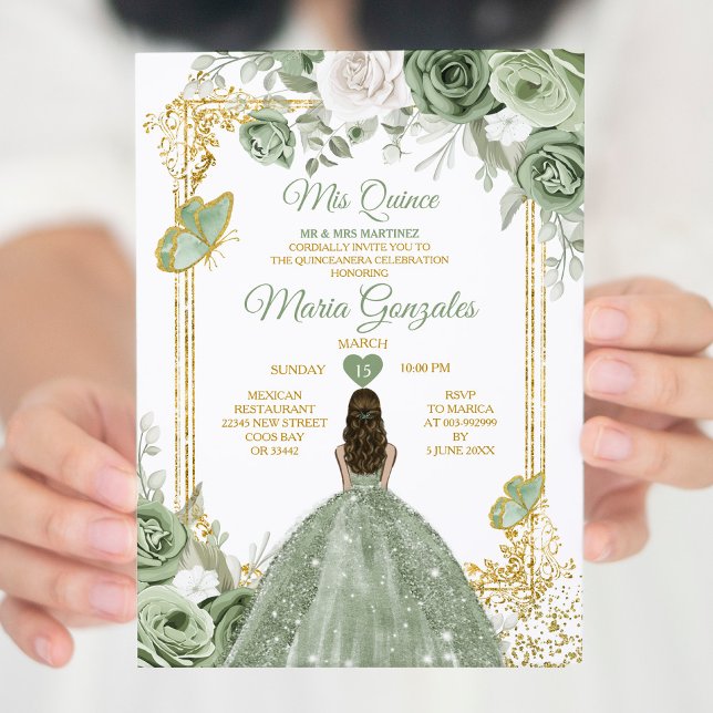 Sage Grönt Mis Quince 15 Anos Guld Krona Butterfly Inbjudningar (Skapare uppladdad)