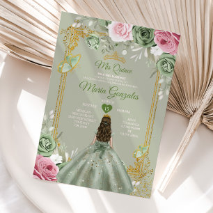 Sage Grönt Mis Quince 15 Anos Rosa Flowers Dacks Inbjudningar