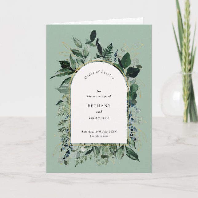 Sage Grönt Modern Botanic greenery bröllop bifold Program (Framsida)
