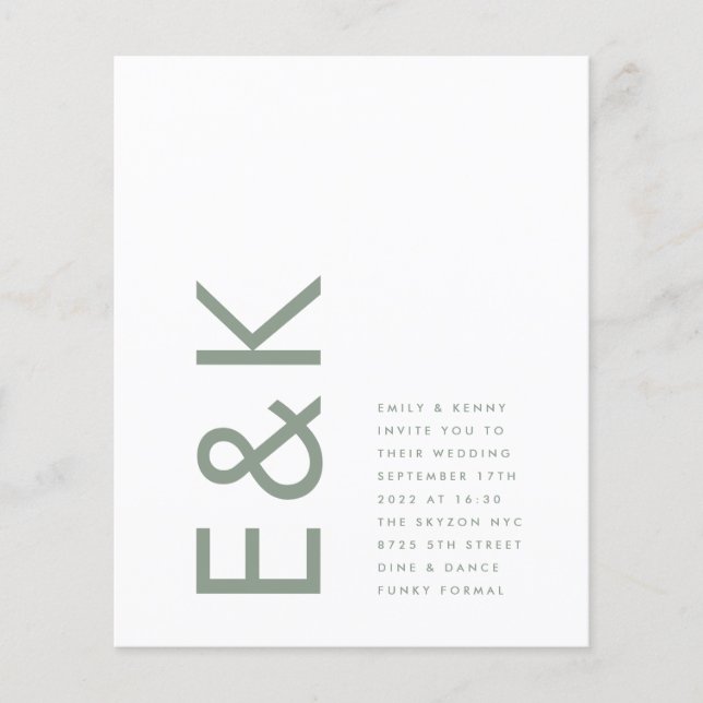 Sage Grönt Modern budget Monogram Bröllop Flygblad (Framsidan)