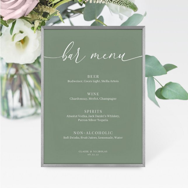 Sage Grönt Modern Elegant bröllop Pub Menu Sign (Skapare uppladdad)