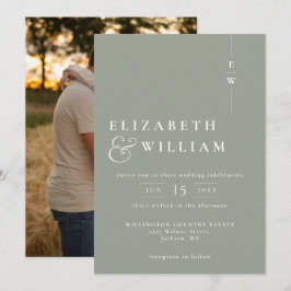 Sage Grönt Modern Elegant Monogram Photo Bröllop Inbjudningar