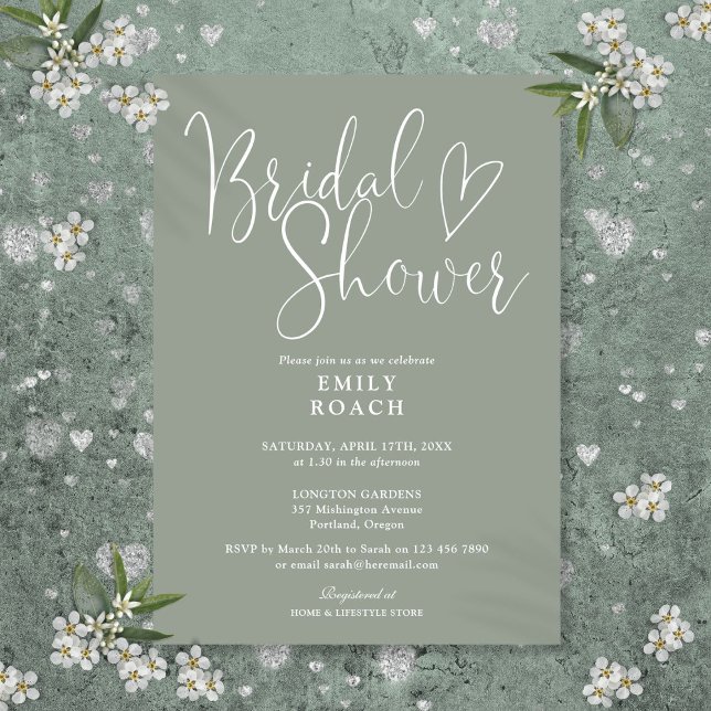 Sage Grönt Modern Elegant Script-Möhippa Inbjudningar (Sage Green Modern Elegant Script Bridal Shower Invitation)