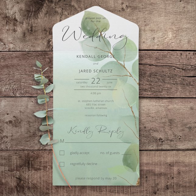 Sage Grönt Modern eukalyptus No Middag (Sage Green Modern Eucalyptus All In One Wedding Invitation without Dinner Options)