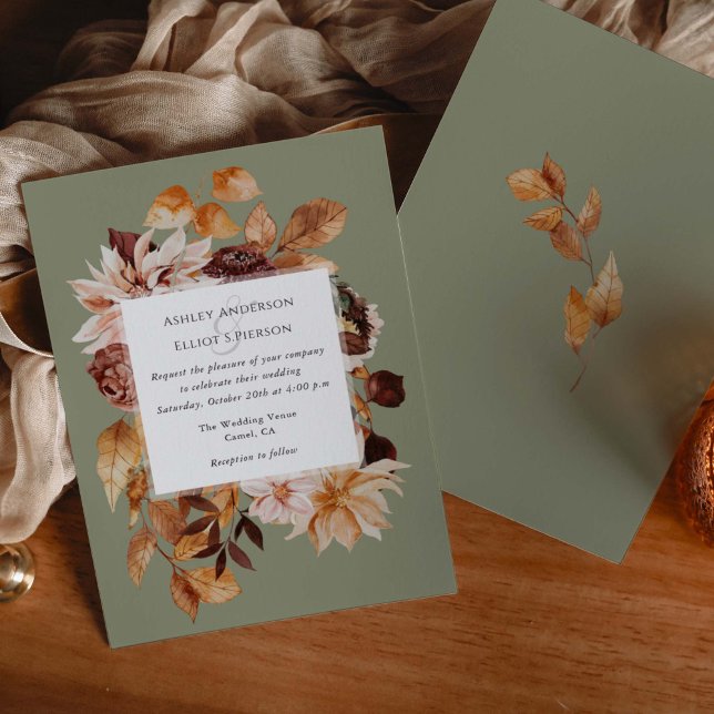 Sage Grönt Modern fall elegance Autumn blommigt Inbjudningar (Sage Green, Modern fall wedding invitations. Autumn elegance watercolor florals.)