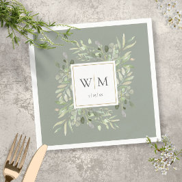 Sage Grönt Modern Greenery Guld Geometric Monogram Pappersservett