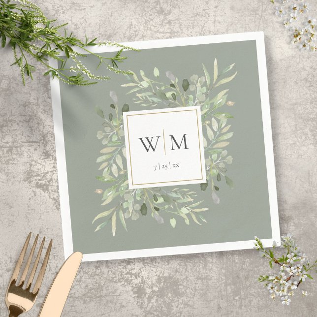 Sage Grönt Modern Greenery Guld Geometric Monogram Pappersservett (Skapare uppladdad)