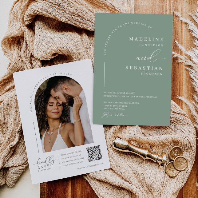 Sage Grönt Modern Minimal Arch Photo QR Code Invit Inbjudningar (Skapare uppladdad)