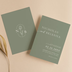 Sage Grönt Modern Minimalist Boho Bröllop Monogram Inbjudningar