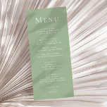 Sage Grönt Modern Minimalist Bröllop Menu Meny<br><div class="desc">Fyll i din bröllopsmottagning med den här Grönten Modern Minimalist Bröllop Menu. Designat med en mjuk bakgrund för grönten och förfinad typografi blandar det här menykortet elegans och enkelhet för ett tidlöst, modernt utseende. Med en kombination av ren serif och delikat skript typsnitt, är det vackert presenter dina måltider i...</div>