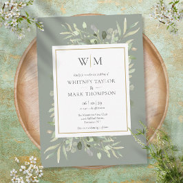 Sage Grönt Modern Monogram Greenery Bröllop Inbjudningar