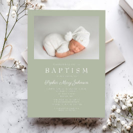 Sage Grönt Modern Photo Baptism Inbjudningar