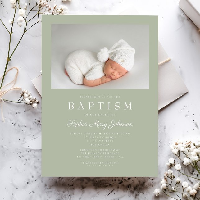 Sage Grönt Modern Photo Baptism Inbjudningar (Sage Green Modern Photo Baptism Invitation)