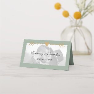 Sage Grönt Modern Photo Guld Hearts Bröllop Placeringskort