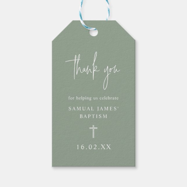 Sage Grönt Modern skriptminimalistisk baptism-förm Presentetikett (Framsidan)