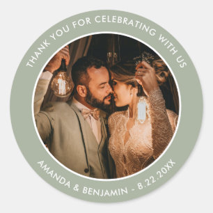 Sage Grönt Modern Tack Photo Wedding Favor Runt Klistermärke