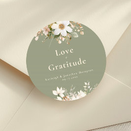 Sage Grönt Modern Watercolor Blommigt Bröllop Runt Klistermärke
