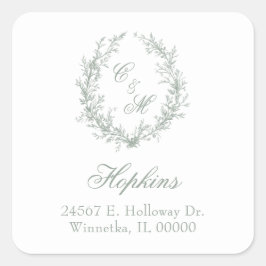 Sage Grönt Monogram Blommigt Utandning Bröllop Fyrkantigt Klistermärke