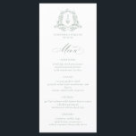 Sage Grönt Monogram Blommigt Vapensköld Elegant br Meny<br><div class="desc">Menykortet Sage Grönt Monogram Blommigt Vapensköld Elegant bröllop har en elegant vintage formell botanisk monogramvapensköld med känsliga viner och accenter för blommigt,  med en baroque chinoiserie stil som är perfekt för din Victorian-inspirerade lyxbröllop.</div>