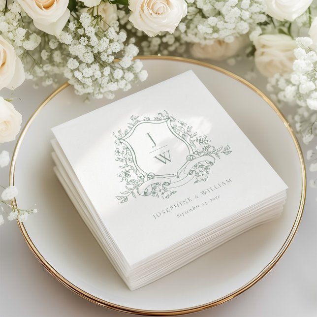 Sage Grönt Monogram Blommigt Vapensköld Elegant br Pappersservett (Skapare uppladdad)