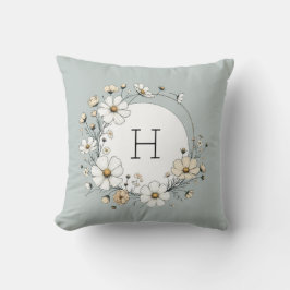 Sage Grönt Monogram Boho Flowers Personlig Kudde