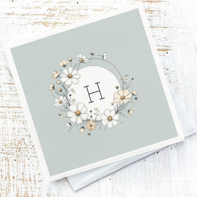 Sage Grönt Monogram Boho Flowers Personlig Pappersservett (Skapare uppladdad)