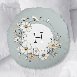 Sage Grönt Monogram Boho Flowers Personlig Rund Kudde