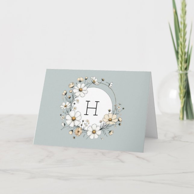 Sage Grönt Monogram Boho Flowers Personlig Tack Kort (Framsida)
