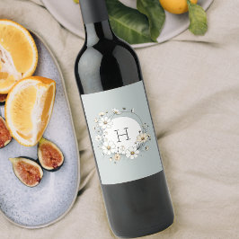 Sage Grönt Monogram Boho Flowers Personlig Vinflaska Etikett