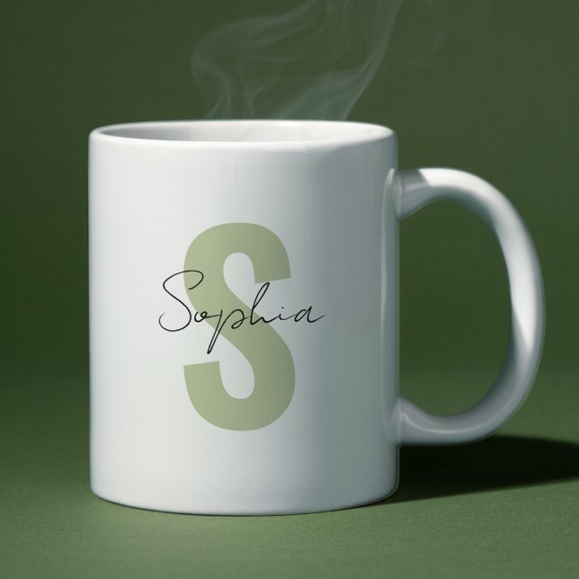 Sage Grönt Monogram Brev Calligraphy Namn Kaffemugg (Skapare uppladdad)