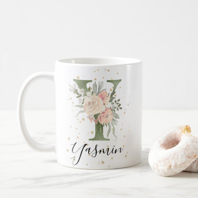Sage Grönt Monogram Brev Y  Cream Blommigt Kaffemugg (Med munk)