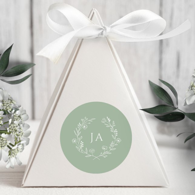 Sage Grönt Monogram Bröllop Runt Klistermärke (Skapare uppladdad)