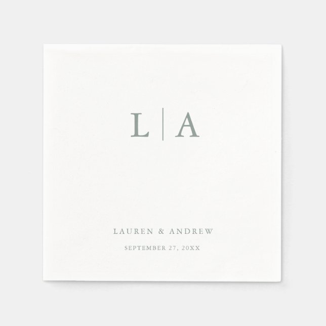 Sage Grönt Monogram Elegant Enkel Bröllop Pappersservett (Framsidan)