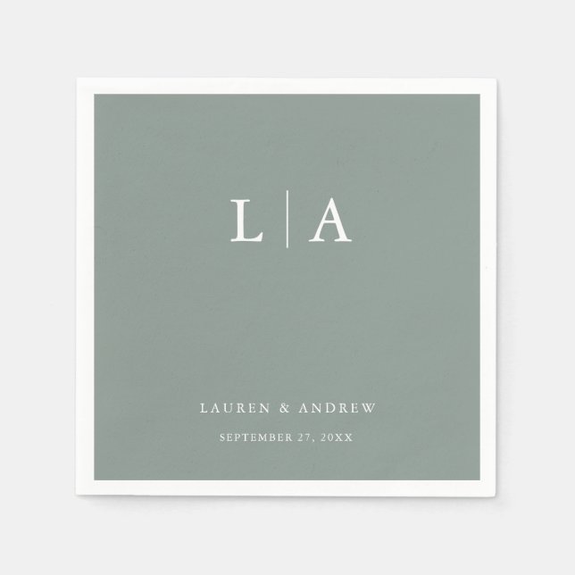 Sage Grönt Monogram Elegant Simple Bröllop Napkins Pappersservett (Framsidan)