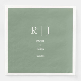 Sage Grönt Monogram Enkel Elegant Modern Bröllop Pappersservett