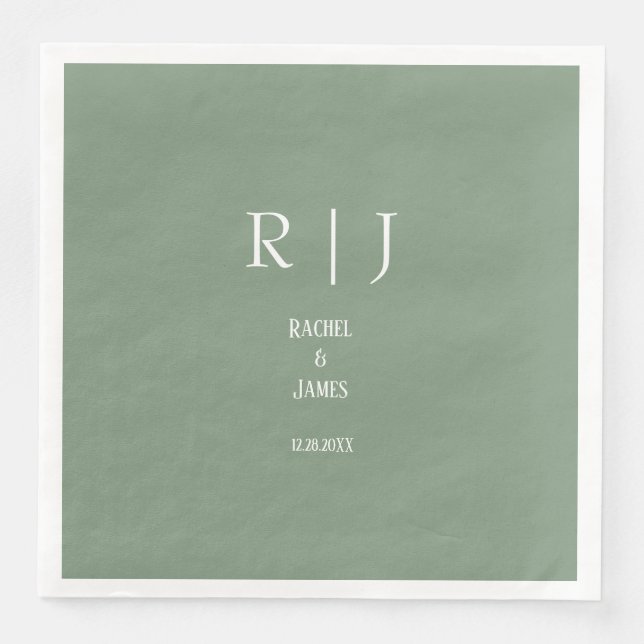 Sage Grönt Monogram Enkel Elegant Modern Bröllop Pappersservett (Framsida)