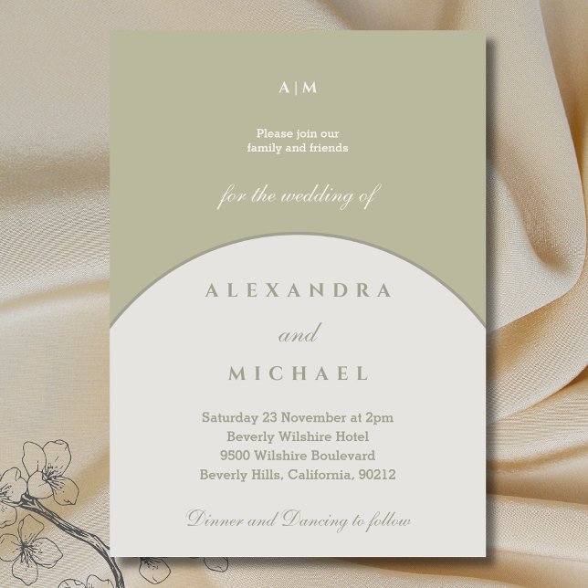 Sage Grönt Monogram Minimalist Japandi Bröllop Inbjudningar (Skapare uppladdad)
