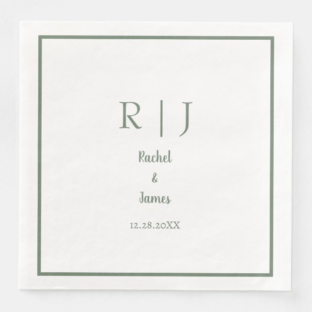Sage Grönt Monogram Namn minimal Elegant bröllop Pappersservett (Framsida)