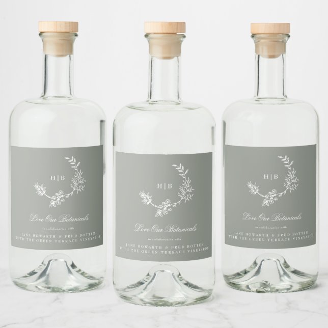 Sage Grönt Monogram utandningsklass Bröllop Gin Spritflaskor Etikett (Flaskor)